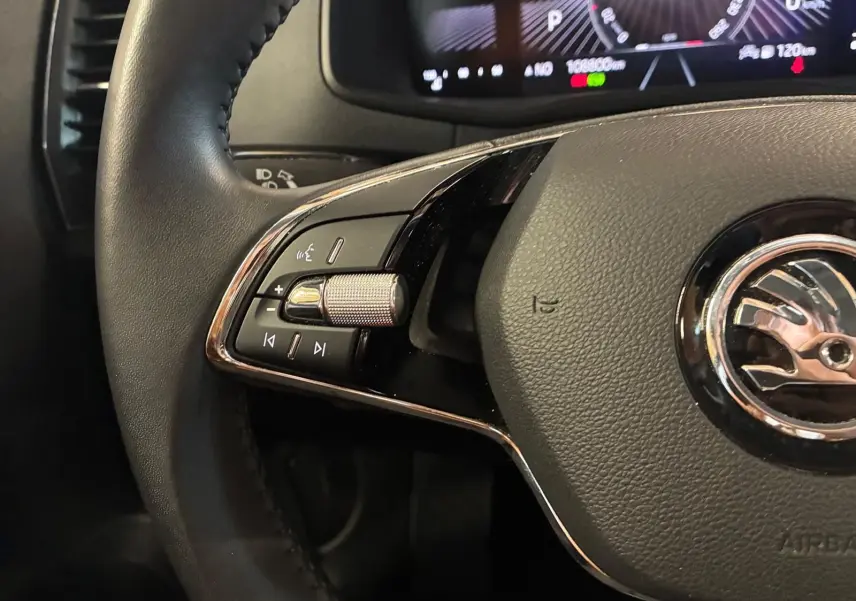 Gros plan sur le volant cuir noir multifonctions avec commandes intégrées du Skoda Karoq 2.0 TDI 116 DSG7 Business 2023.