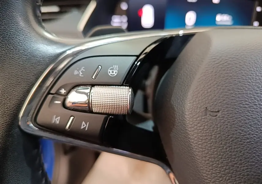 Gros plan sur les commandes multifonctions noires et chrome du volant cuir d’une Skoda Octavia 2024.