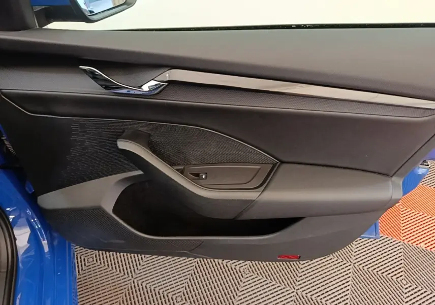 Vue intérieure côté gauche de la porte avant d’une Skoda Octavia 2024 avec garniture noire et poignée intégrée.