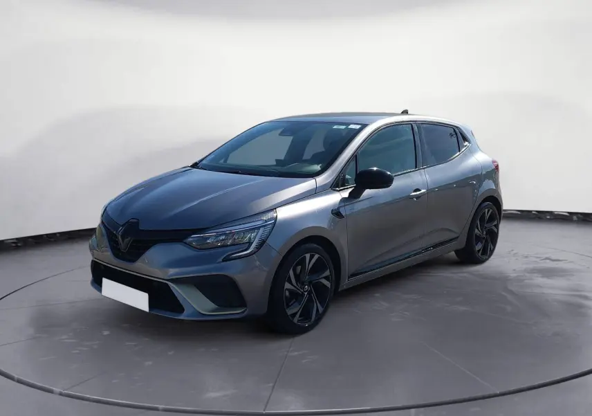 Renault Clio V E-Tech Full Hybrid gris foncé métal vue 3/4 avant droit avec jantes alliage noires et toit noir.