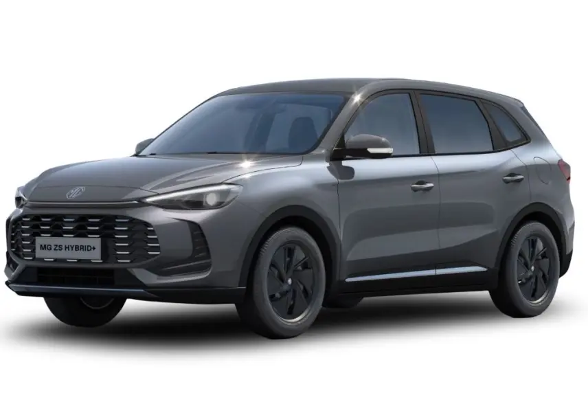 Vue 3/4 avant du SUV MG ZS 1.5L Hybrid+ 2025 en gris Hampstead, avec calandre noire et jantes foncées.