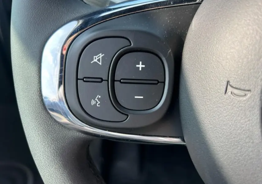 Gros plan sur les commandes de volume et de coupure du son au volant de la Fiat 500C Dolcevita gris et rouge.