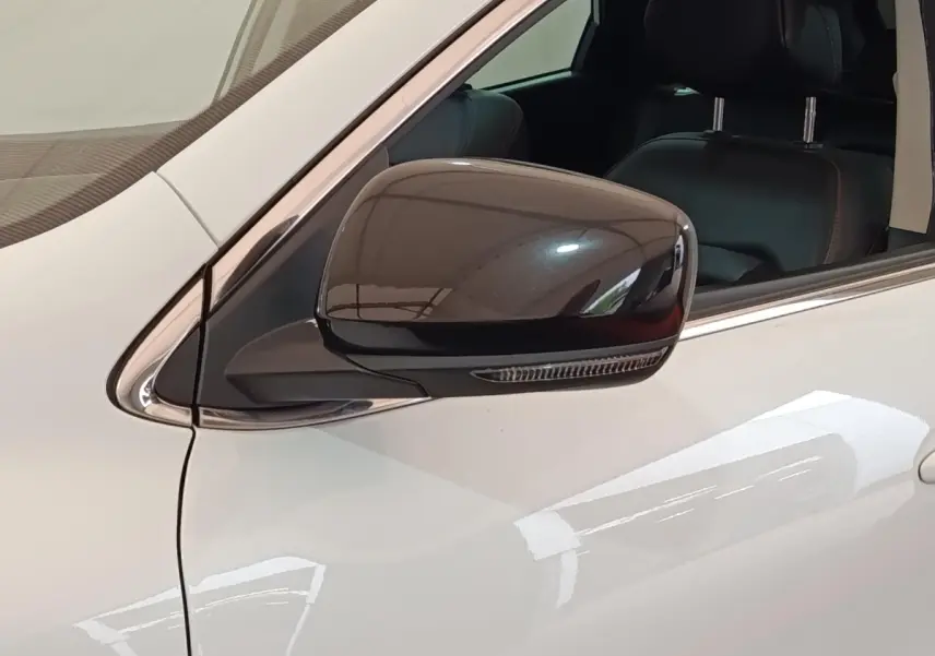 Rétroviseur noir brillant côté conducteur d’un Renault Kadjar blanc, vue rapprochée sur la portière avant gauche.
