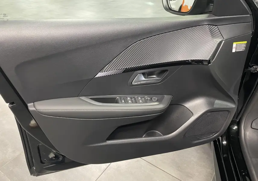 Vue intérieure de la porte avant gauche noire métallisée de la Peugeot 208 avec insert effet carbone et commandes électriques.