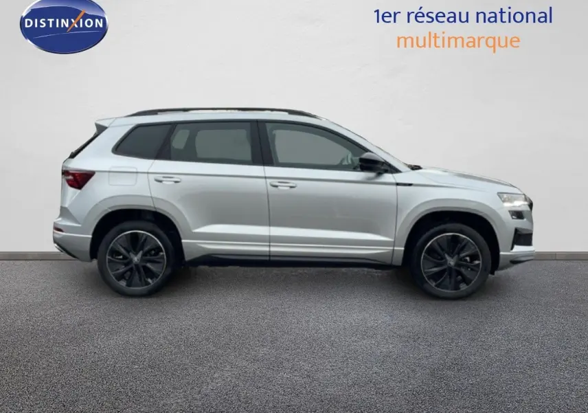 Vue de profil côté gauche d’un Skoda Karoq gris argent métallisé avec jantes noires et toit noir.