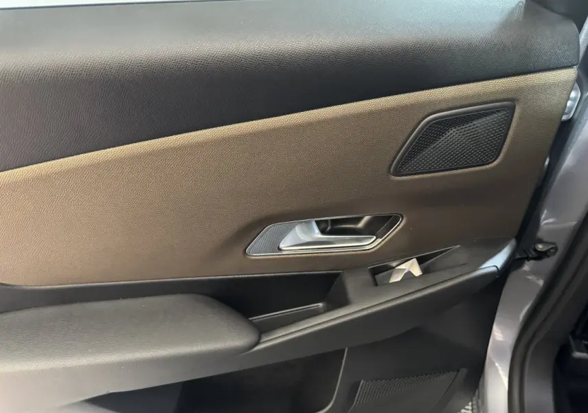 Vue intérieure côté gauche de la porte avant gris foncé du DS7 Crossback E-TENSE avec poignée argentée et haut-parleur intégré.
