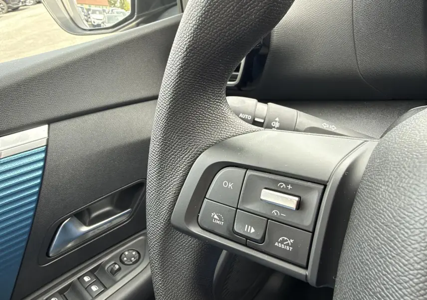 Gros plan sur le volant et la portière côté conducteur d’une Citroën C4 noire avec commandes au volant et insert bleu sur la porte.