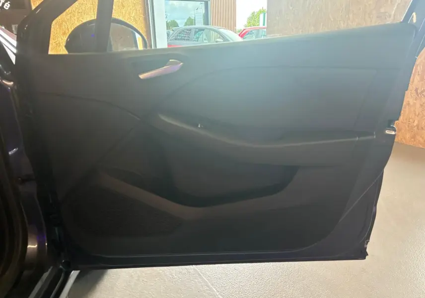 Intérieur de la porte côté gauche d'une Renault Clio gris 2020, avec poignée argentée et panneau noir épuré.