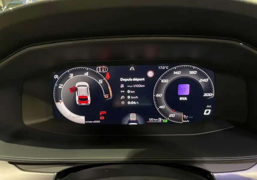 Combiné d'instruments digital du CUPRA Formentor gris Graphene, affichage tableau de bord en vue frontale.