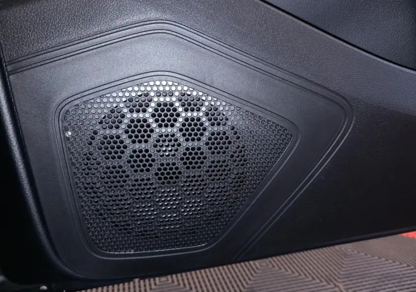 Gros plan sur le haut-parleur noir intégré à la porte intérieure d'un véhicule, détails du modèle non visibles.