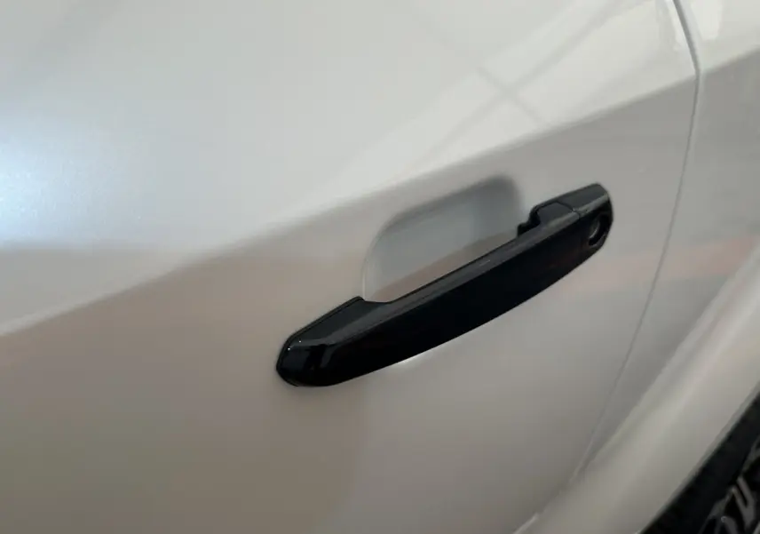 Poignée de porte noire en gros plan sur la porte côté conducteur d'une Aixam Ambition 0.5 Crossover Premium blanche.