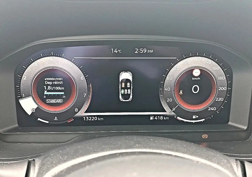Tableau de bord numérique du Nissan Juke 2025 affichant compte-tours, vitesse, autonomie et température extérieure.