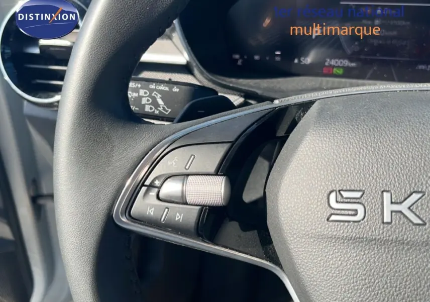 Gros plan sur la partie gauche du volant de la Skoda Fabia 2025, avec commandes intégrées et logo SKODA visible.