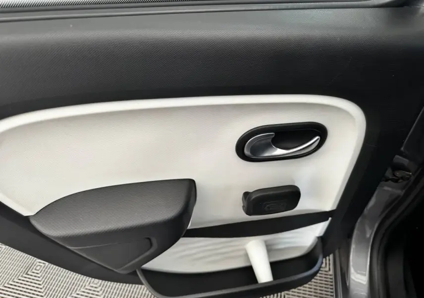 Vue intérieure côté gauche de la porte avant d'une Renault Twingo gris foncé, avec poignée argentée et accoudoir noir.