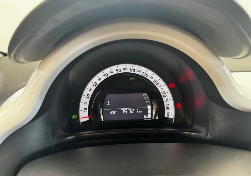 Vue rapprochée du tableau de bord de la Renault Twingo gris foncé, affichant le compteur de vitesse et l’odomètre numérique.