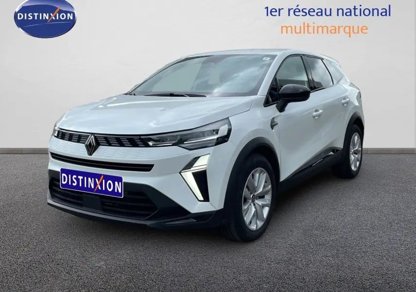 Renault Symbioz gris rafale métal en 3/4 avant droit, SUV hybride avec calandre noire et feux LED distinctifs.