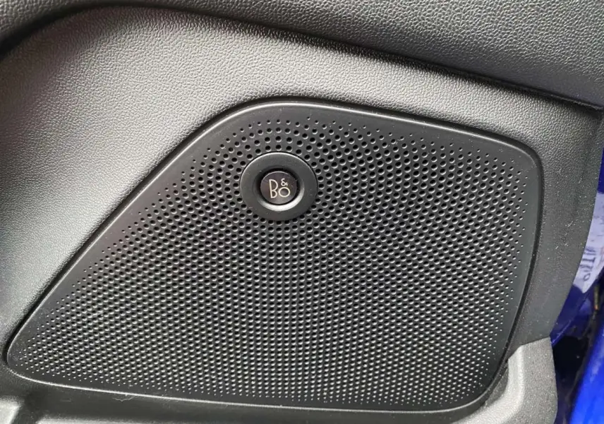 Gros plan sur l'enceinte B&O intégrée à la porte intérieure d'une Ford Fiesta 2017 bleu foncé.