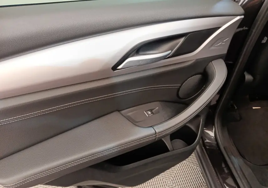 Vue intérieure côté gauche de la porte avant d’un BMW X3 gris clair, avec garniture cuir noir et insert argenté.