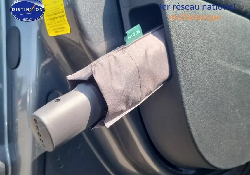 Détail du rangement porte-parapluie gris avec étiquette Skoda sur la porte intérieure d'un Skoda Kamiq gris graphite.