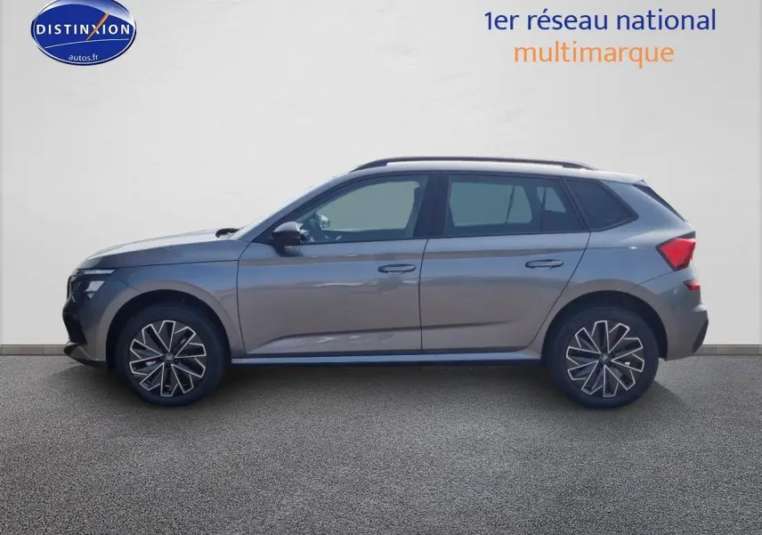 Vue de profil côté gauche d'un Skoda Kamiq gris graphite avec barres de toit noires et jantes stylisées.
