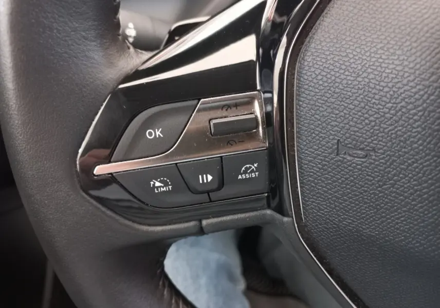 Gros plan sur le côté gauche du volant cuir noir de la Peugeot 308 bleu, avec commandes multifonctions visibles.