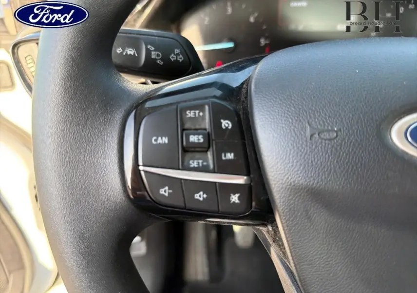 Gros plan sur le volant noir de la Ford Fiesta 2018, montrant les commandes de régulateur de vitesse et audio à gauche.