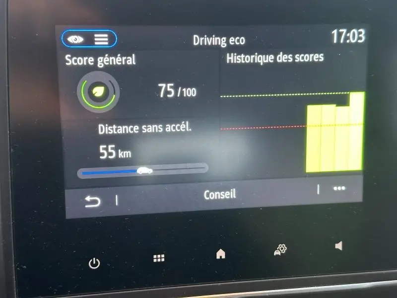 Écran central de la Renault Clio 2025 montrant le score eco conduite à 75/100 avec graphique d'historique des scores.