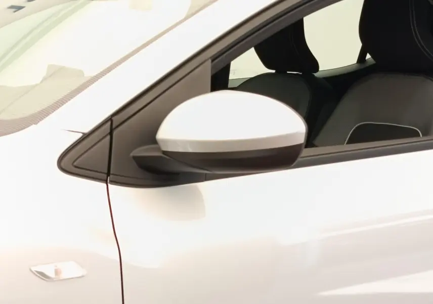 Détail du rétroviseur côté gauche gris clair de la Dacia Sandero Expression EGO-G 100 vue de profil intérieur.