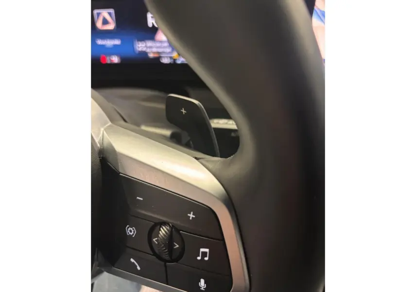 Gros plan sur la commande multifonctions côté gauche du volant d’une BMW Série 1 noire, avec palettes au volant visibles.