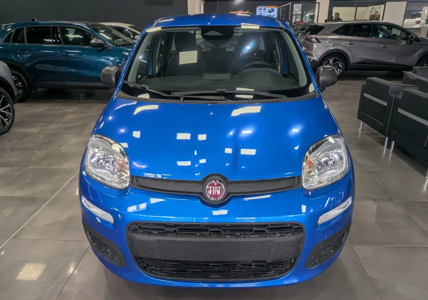 Vue frontale d'une Fiat Panda 1.0 Hybrid City bleu Italia dans un showroom, avec ses phares et calandre caractéristiques.