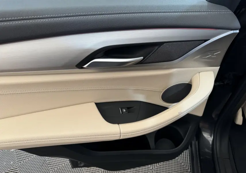 Vue intérieure côté gauche de la porte BMW X3 xDrive30d 2018 avec garniture beige, insert aluminium et logo X visible.