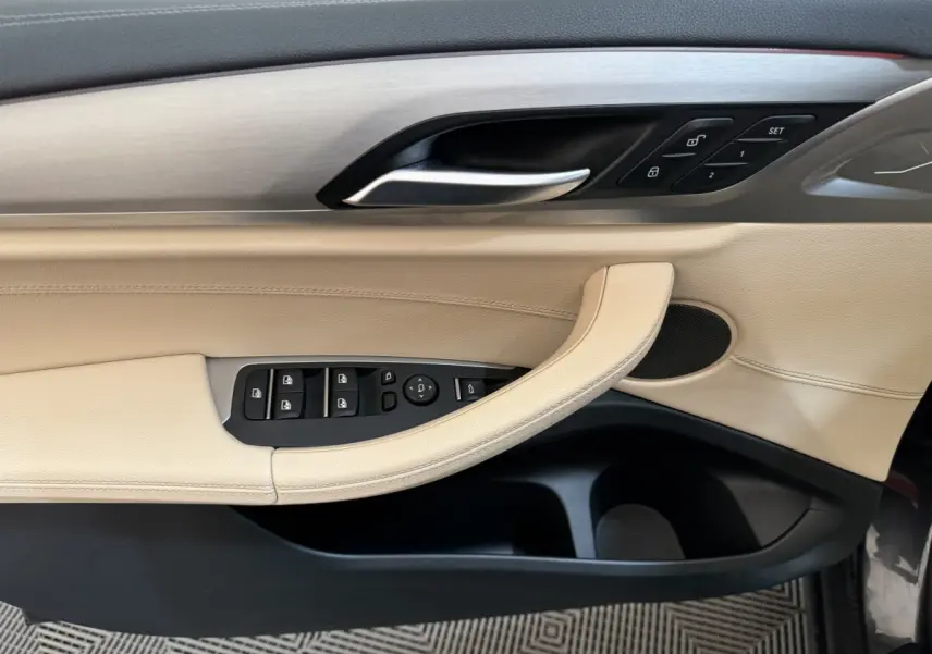Détail de la porte conducteur beige et noir de BMW X3 xDrive30d 2018, avec commandes de vitres et verrouillage.