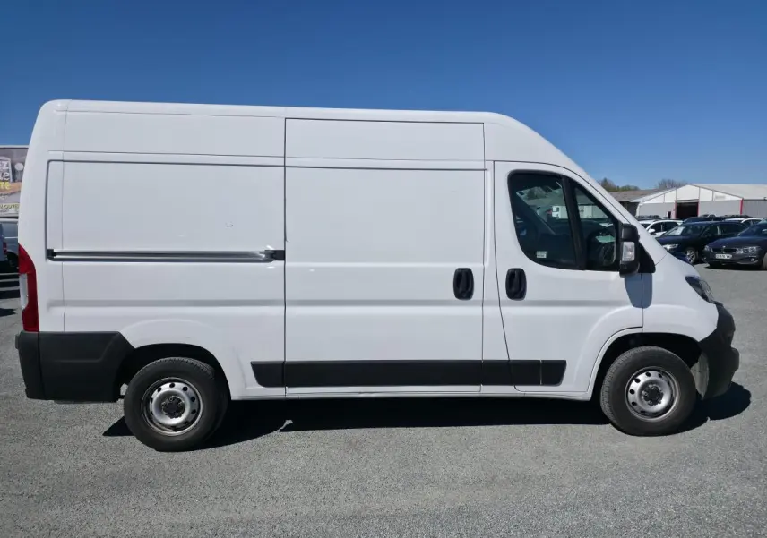 Vue de profil côté droit du FIAT Ducato Fourgon blanc tôlé maxi avec porte latérale coulissante sur fond de ciel bleu.