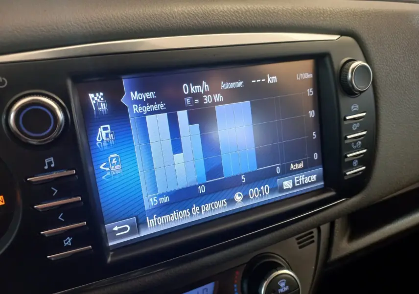 Écran tactile central affichant les données de parcours de la Toyota Yaris hybride 2018, vue de près côté passager.