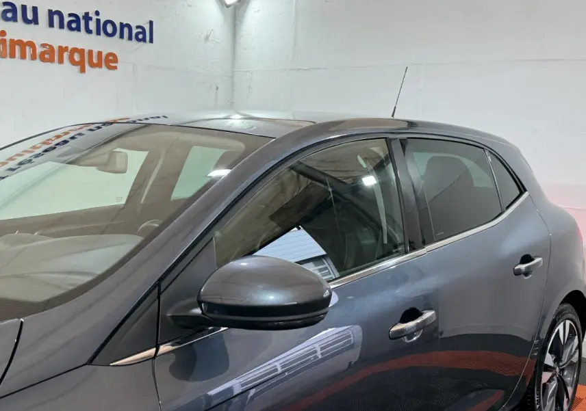 Vue latérale gauche d'une Renault Mégane Intens gris foncé, avec rétroviseur et poignées de porte visibles.