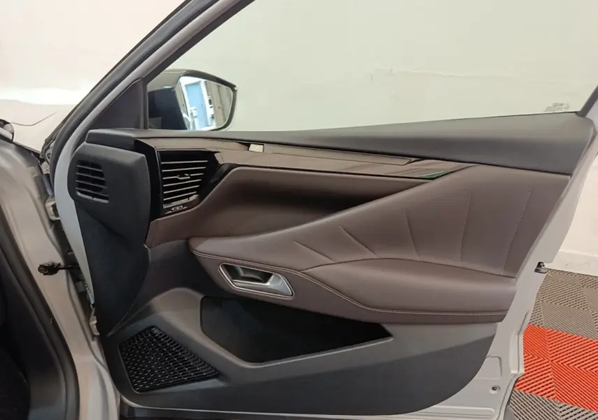 Vue côté gauche de la porte avant grise claire du DS4 E-TENSE avec garniture intérieure marron et détails noirs brillants.