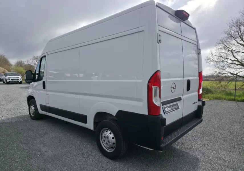 Opel Movano Fourgon blanc vu en 3/4 arrière droit, portes battantes arrière et jantes tôles grises visibles.