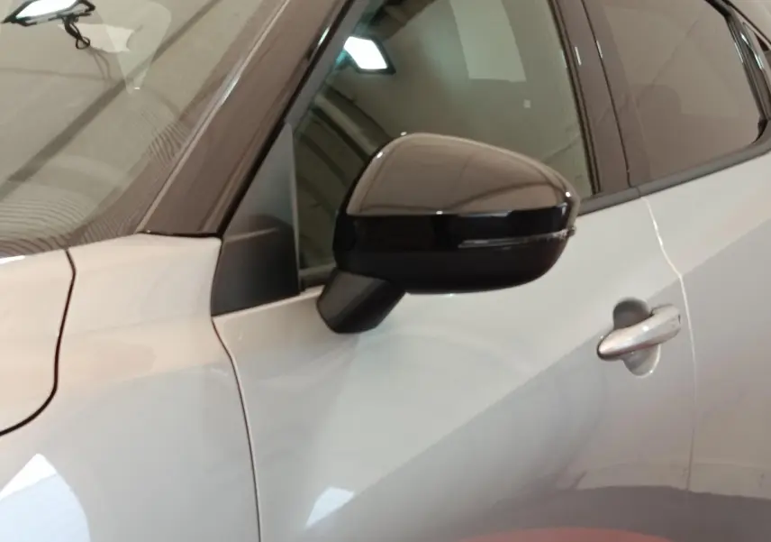 Vue rapprochée du côté gauche d’un Nissan Juke gris clair, mettant en valeur le rétroviseur noir et la poignée de porte.