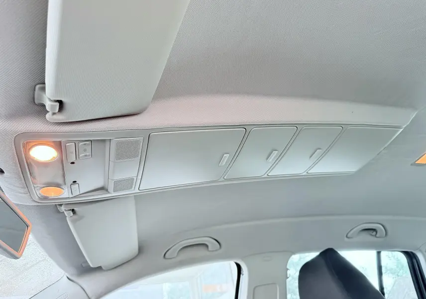 Vue intérieure du plafond avec éclairage et rangements au-dessus des sièges avant d'un Volkswagen Tiguan noir.