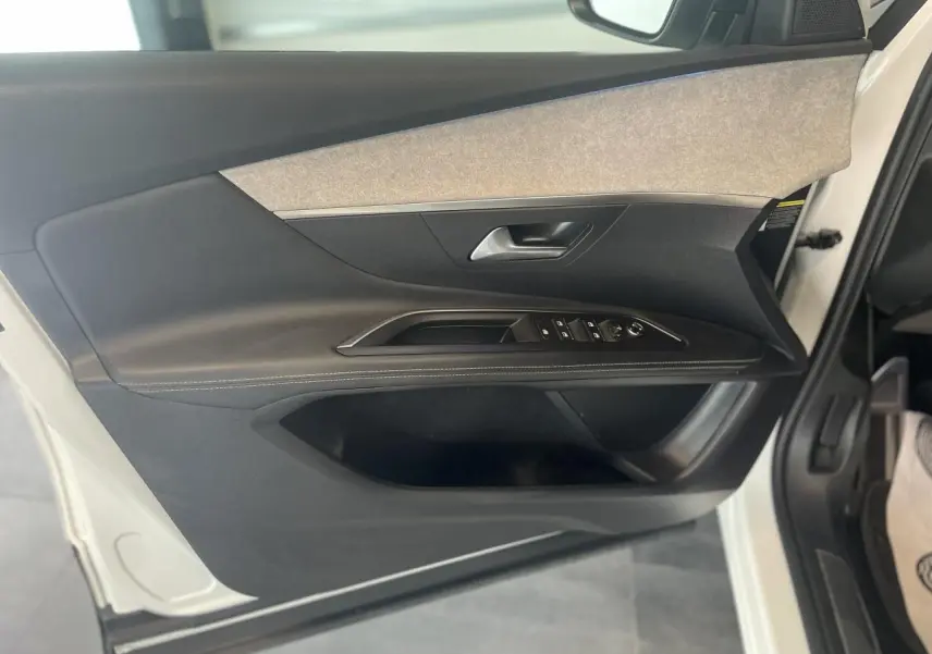 Vue intérieure côté gauche de la porte avant blanche nacrée du Peugeot 3008 GT avec garniture noire et inserts gris.