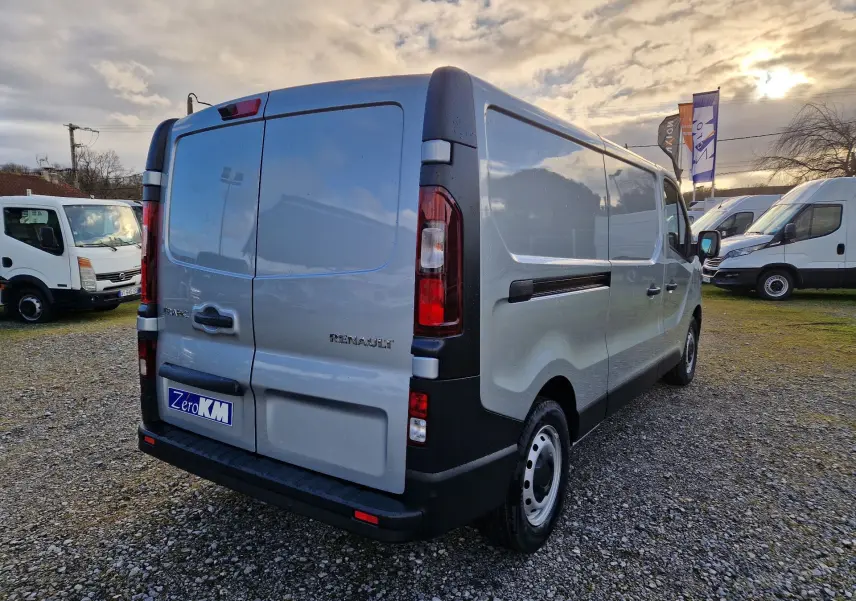 Vue 3/4 arrière droite d'un Renault Trafic Fourgon gris Highland avec portes arrière fermées sur un terrain extérieur.