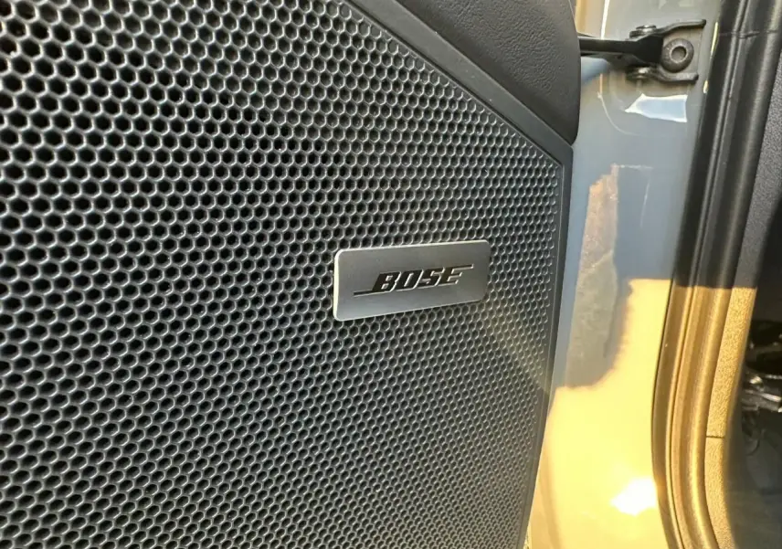 Gros plan sur l’enceinte Bose intégrée à la porte côté droit d’un Porsche Cayenne Coupé gris arctique 2024.