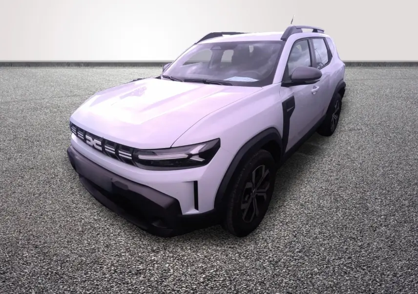 SUV Dacia Duster Expression Hybrid blanc vu en 3/4 avant droit avec détails noirs contrastants.