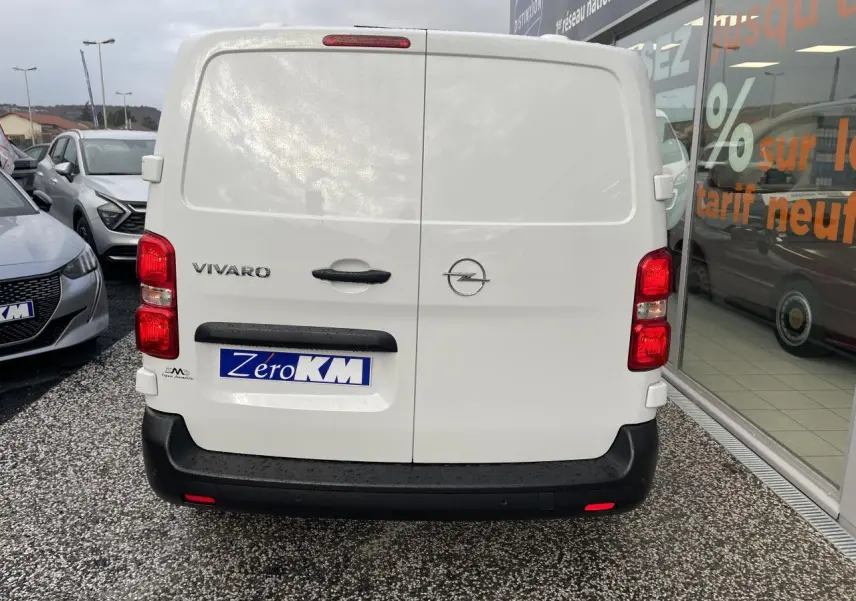 Vue arrière d’un utilitaire Opel Vivaro blanc avec portes battantes et pare-chocs noirs, stationné devant une vitrine.