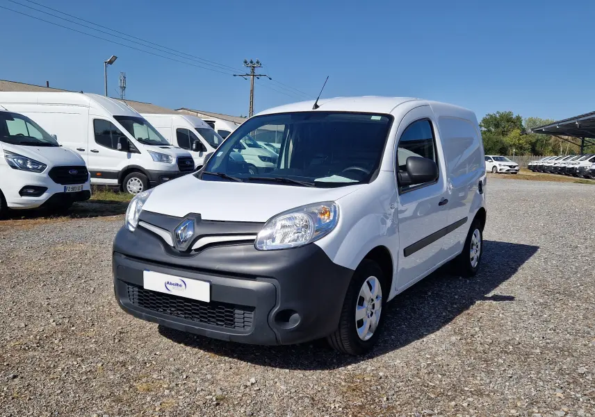 Renault Kangoo blanc en 3/4 avant droit, utilitaire compact avec pare-chocs noir et calandre distinctive.