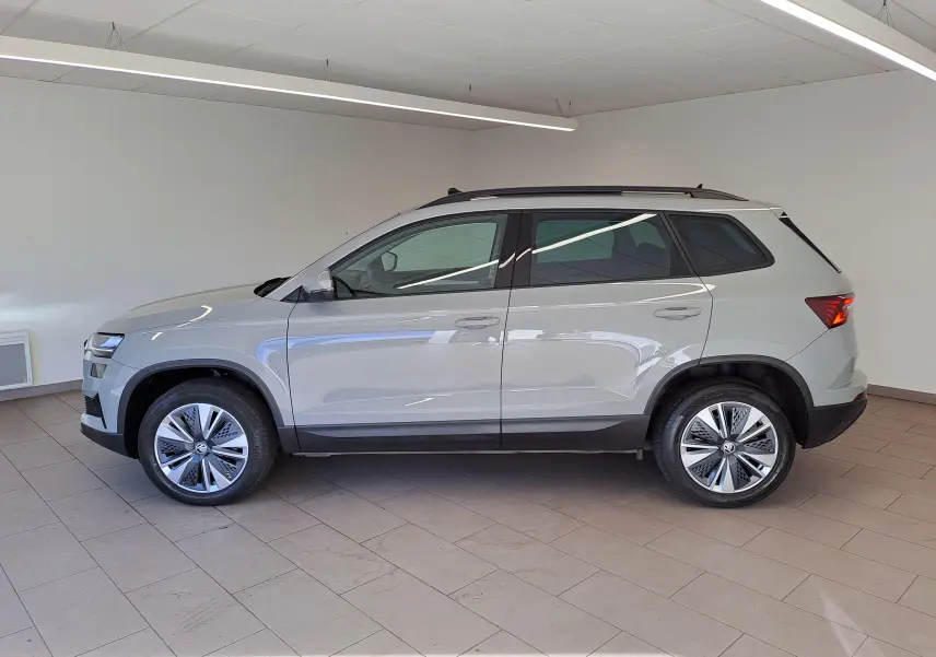 Vue de profil côté gauche du Skoda Karoq gris perle 2023 avec toit ouvrant panoramique et jantes alliage.