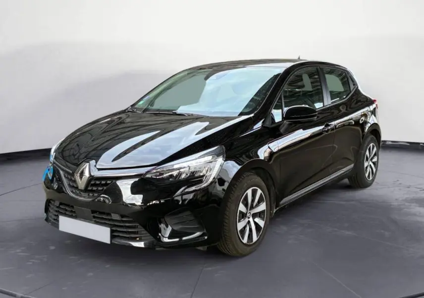 Renault Clio V TCe 90 noir vue 3/4 avant droit, avec calandre chromée et jantes alliage distinctives.