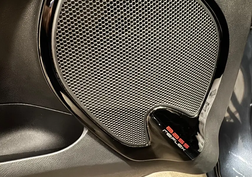 Gros plan sur l'enceinte Bose Reflex intégrée à la porte intérieure d'une Renault Clio IV gris foncé métal.