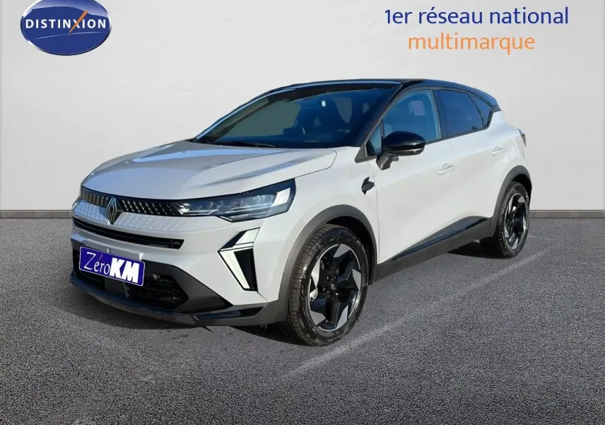 Renault Captur E-Tech hybride gris Rafale avec toit noir vu en 3/4 avant droit sur fond neutre.