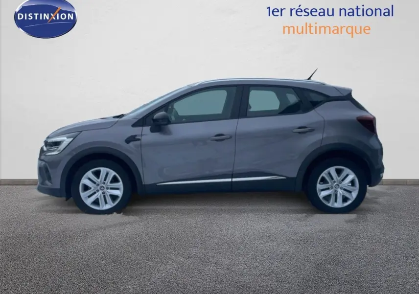 Vue de profil côté gauche d'un Renault Captur gris cassiopée métal, version 1.0 TCE GPL Business de 2020.